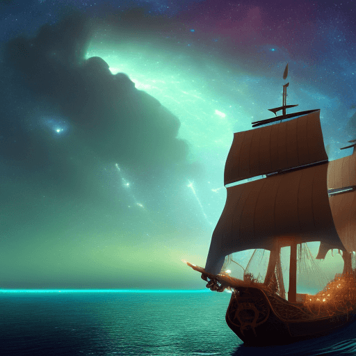 AI generated: (Pirate ship sailing into a bioluminescence sea with a galaxy in the sky), epic, 4k, ultra,