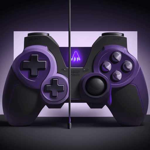 AI generated: draw the word MATCHUP in logo format, use purple, blue and dark gray colors. Put a video game contro...