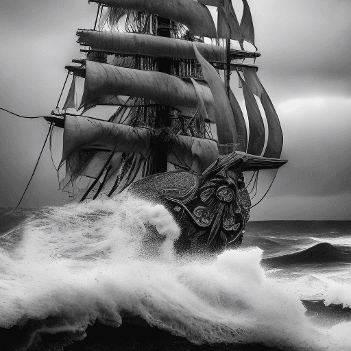 AI generated: In the throes of a fierce storm, a pirate ship graced with intricate carvings and gleaming shackles ...
