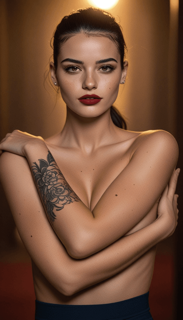 AI generated: Woman facing camera with arms crossed over bare chest, hands on shoulders. Floral tattoo on left upp...
