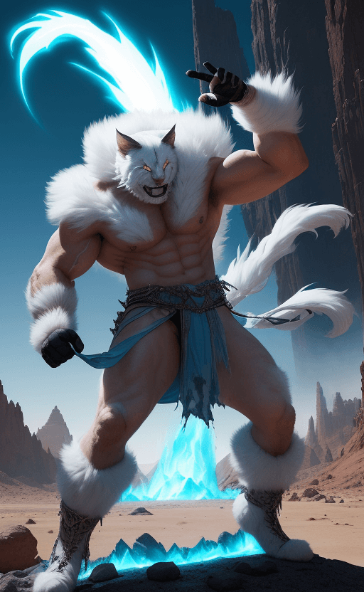 AI generated: Long fur stood up like the flames of a white cat warrior,enormous aura bright glowing in a blue, cha...