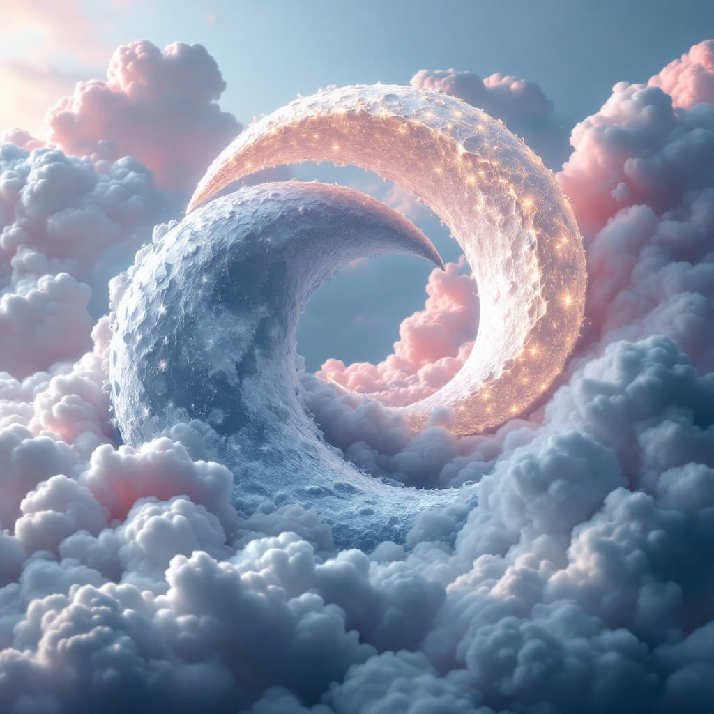 AI generated: A surreal 3D artwork of the moon shaped like a comma, symbolizing endless stories. The moon is craft...