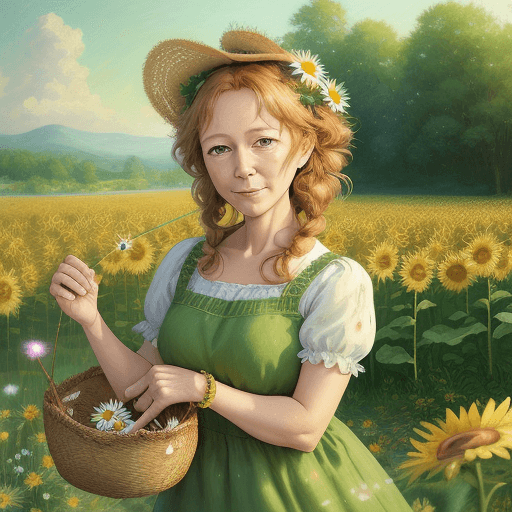 AI generated: A whimsical anime 50 yo woman  with a simple daisy hairpin and lettuce in a straw basket at dawn in ...