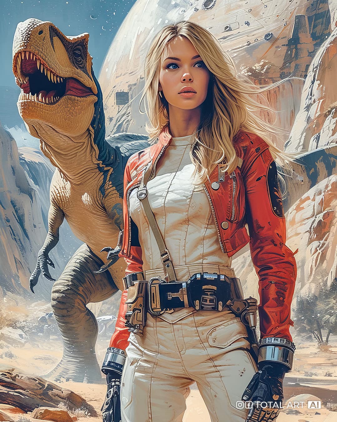 AI generated: A highly detailed comic book cover illustration showing full body view of a futuristic European beau...