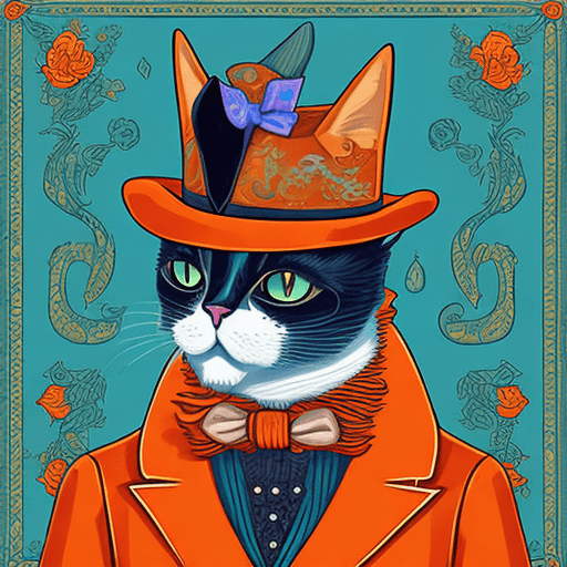 AI generated: illustration of an gentleman cat, in the style of 2d game art, cyan and orange, 32k uhd, necropunk, ...