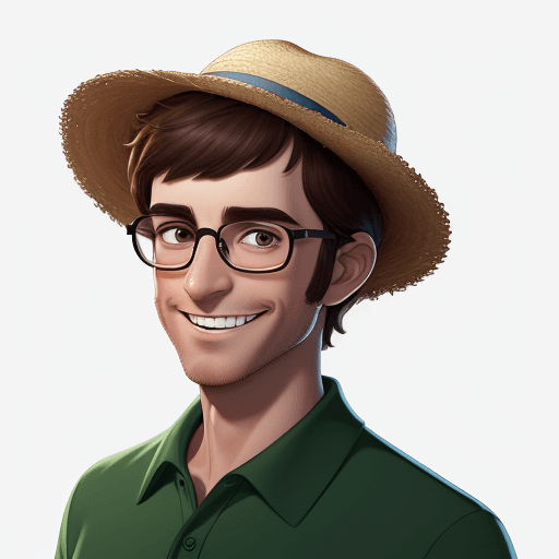 AI generated: A men, without beard, whithout, short hair, black glasses, straw hat,  wearing a  green polo collar ...