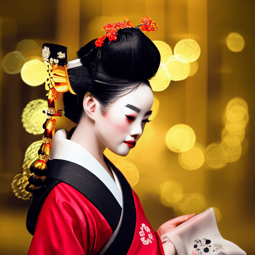 AI generated: stunning geisha, black red kimono, shining golden flowers in her hair, beautiful, magical, volumetri...