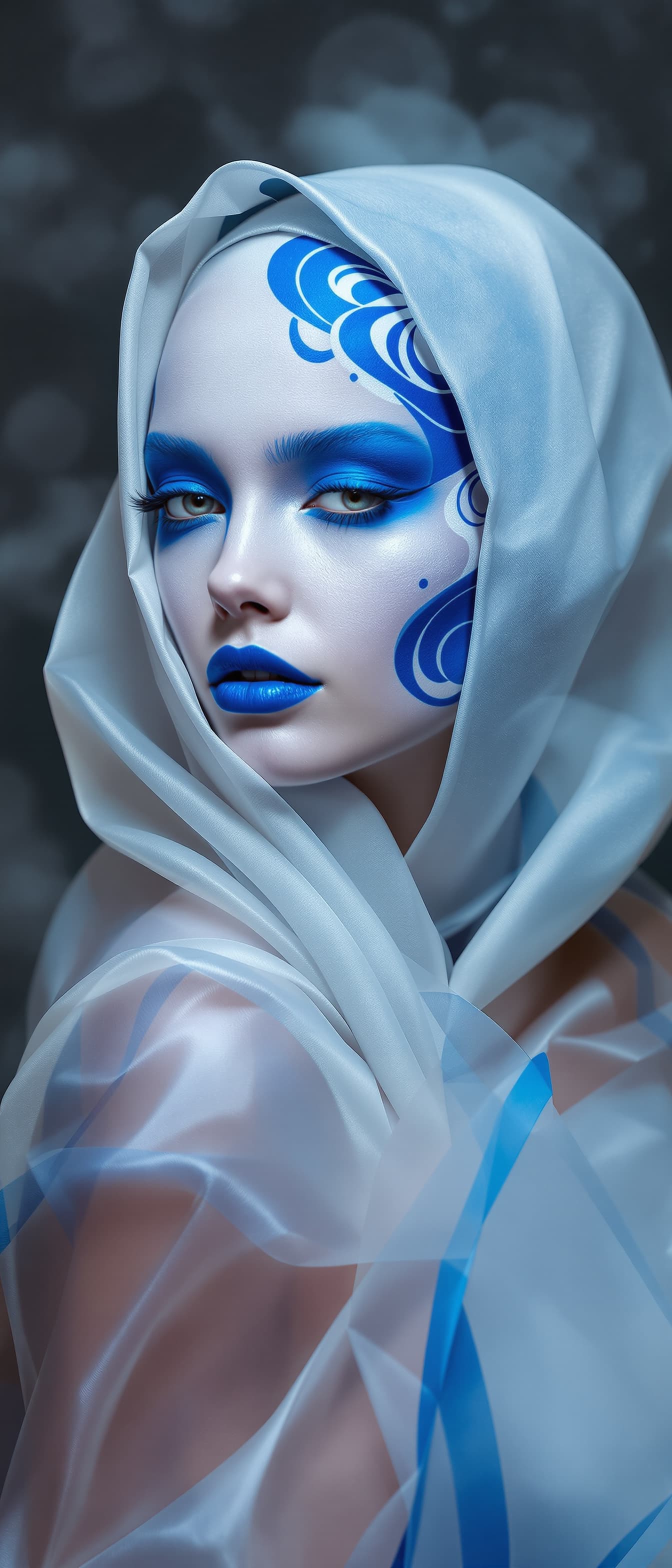AI generated: "Fashion fine art imagery, full-height vertical portrait. A stylish lithe supermodel in her early 20...