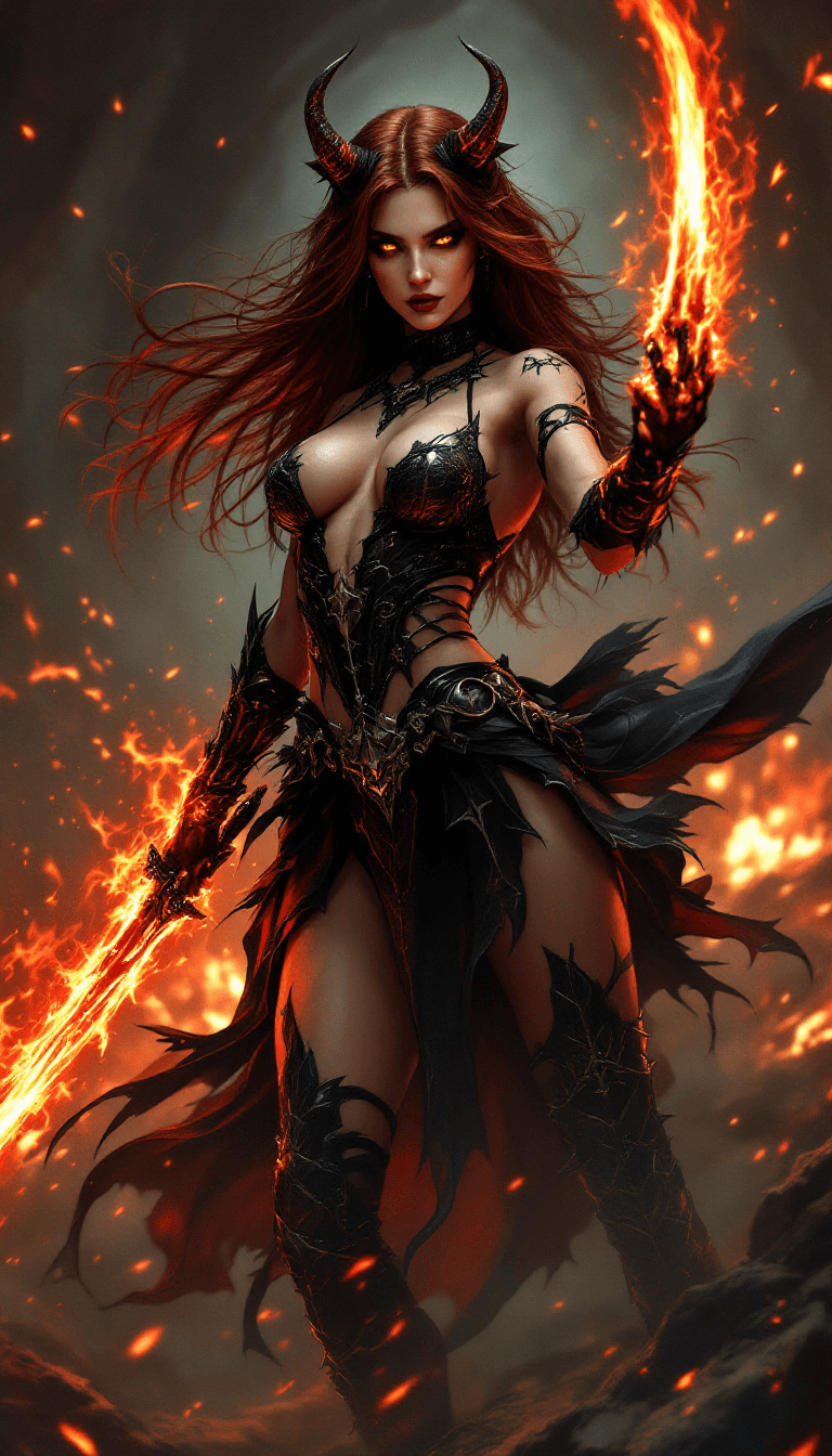 AI generated: The Infernal Blade Dancer: A captivating and deadly warrior with long, dark auburn hair that seems t...