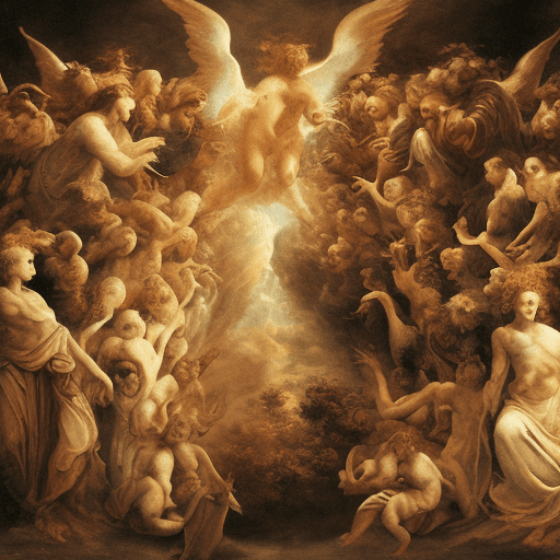 AI generated: the photo is divided into two halves, on the left a wise man surrounded by angels, on the right a yo...