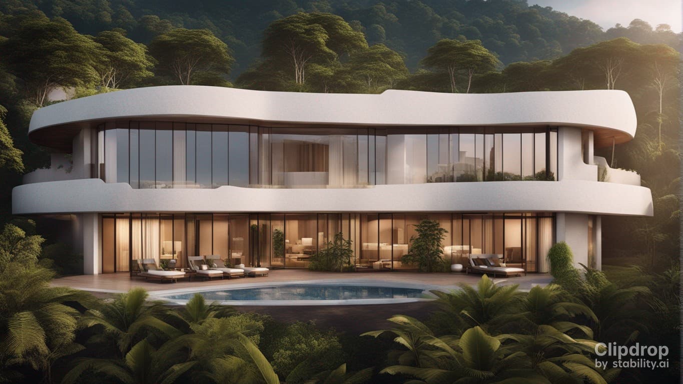 AI generated: a magnificent modern ecotourism site with a design of the peoples of Cameroon, swimming pools and be...