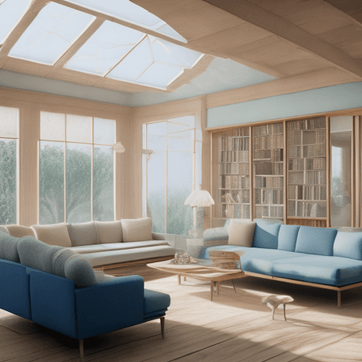 AI generated: High resolution photography interior design, dreamy sunken living room conversation pit, wooden floo...