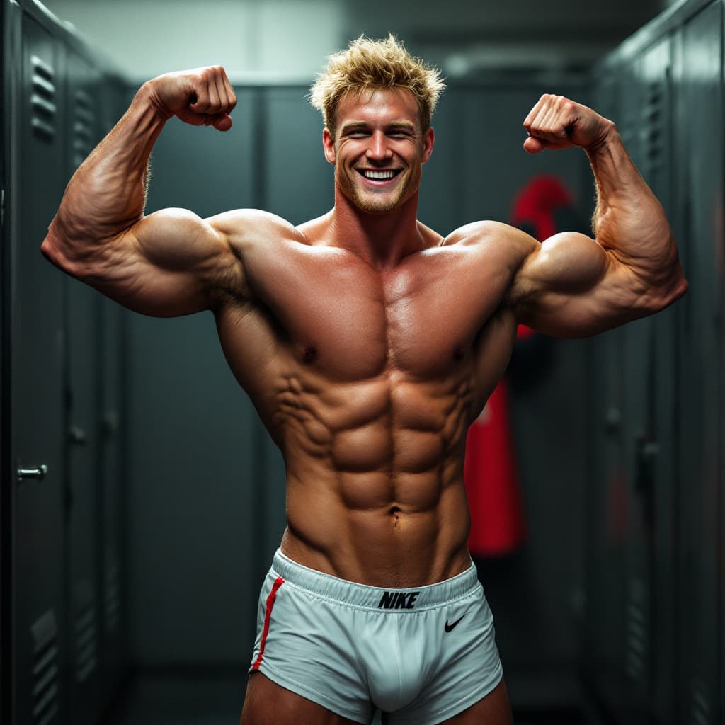 AI generated: Logan paul smiling and flexing arms, standing in locker room in white jock strap underwear and red n...