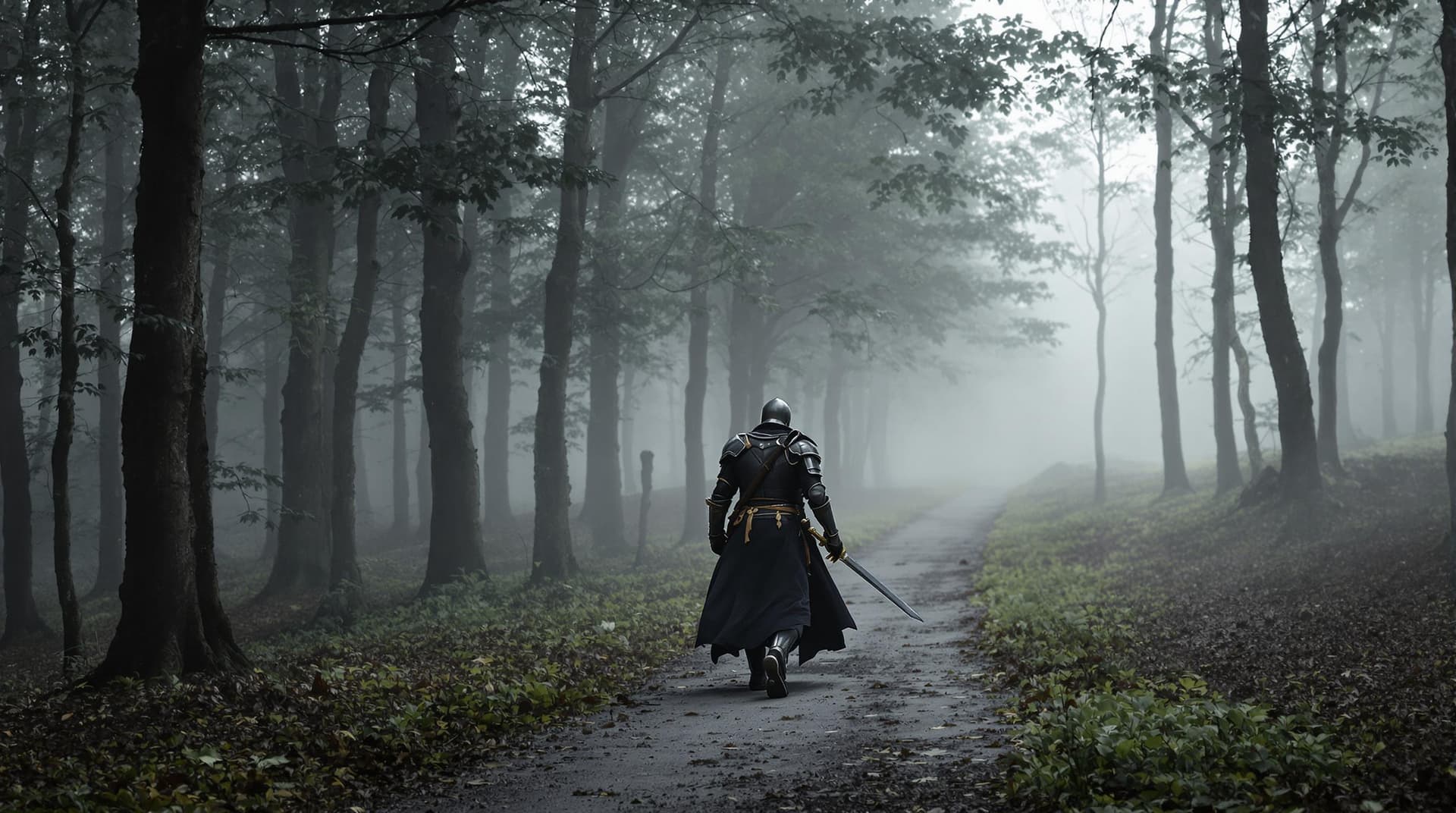 AI generated: Photo of a ultra realistic Knight with a sword walking a long a path in the middle of a forest, dark...