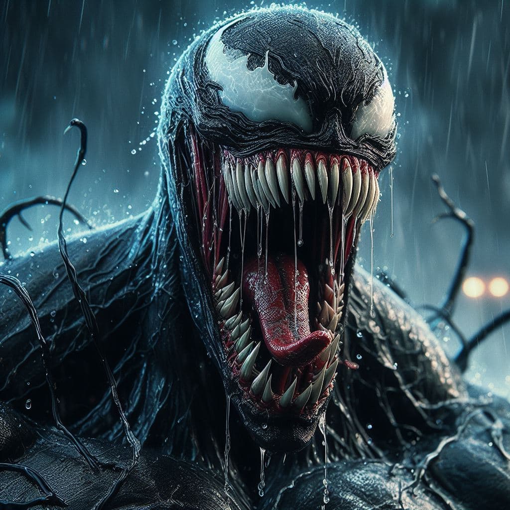 AI generated: close up of Venom of Marvel screaming, in a fit of rage, Masterpiece, gigantic scale, ascii-art --no...