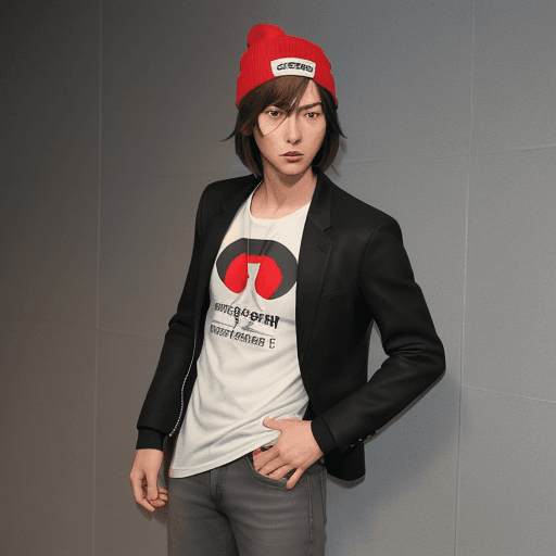 AI generated: Drawn in the artstyle of Shigenori Soejima, full body view, 20 year old male, scowl face, brown hair...