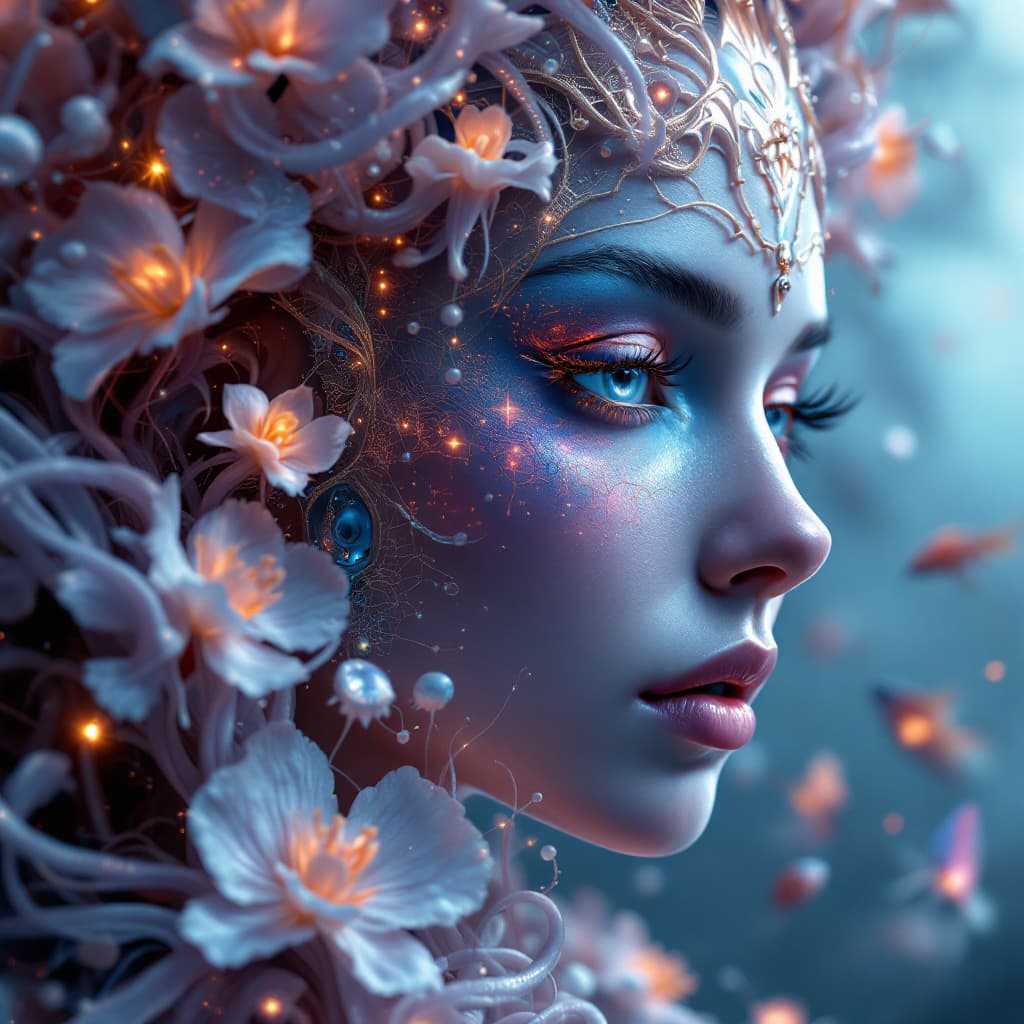 AI generated: Goddess close-up portrait ribcagel. jellyfish phoenix head, nautilus, orchid, skull, betta fish, bio...
