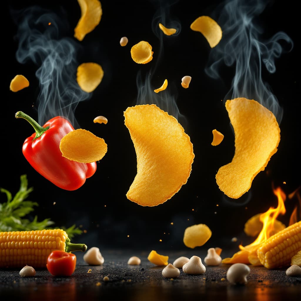 AI generated: 3 potato chips that are suspending on the air. the three potato chips are surrounded by corn, red an...