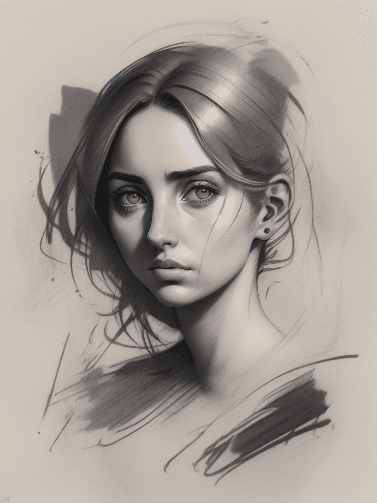 AI generated: Rough charcoal sketch on old paper, female portrait, (((Ana de Armas))), Pronounced ears, clean line...