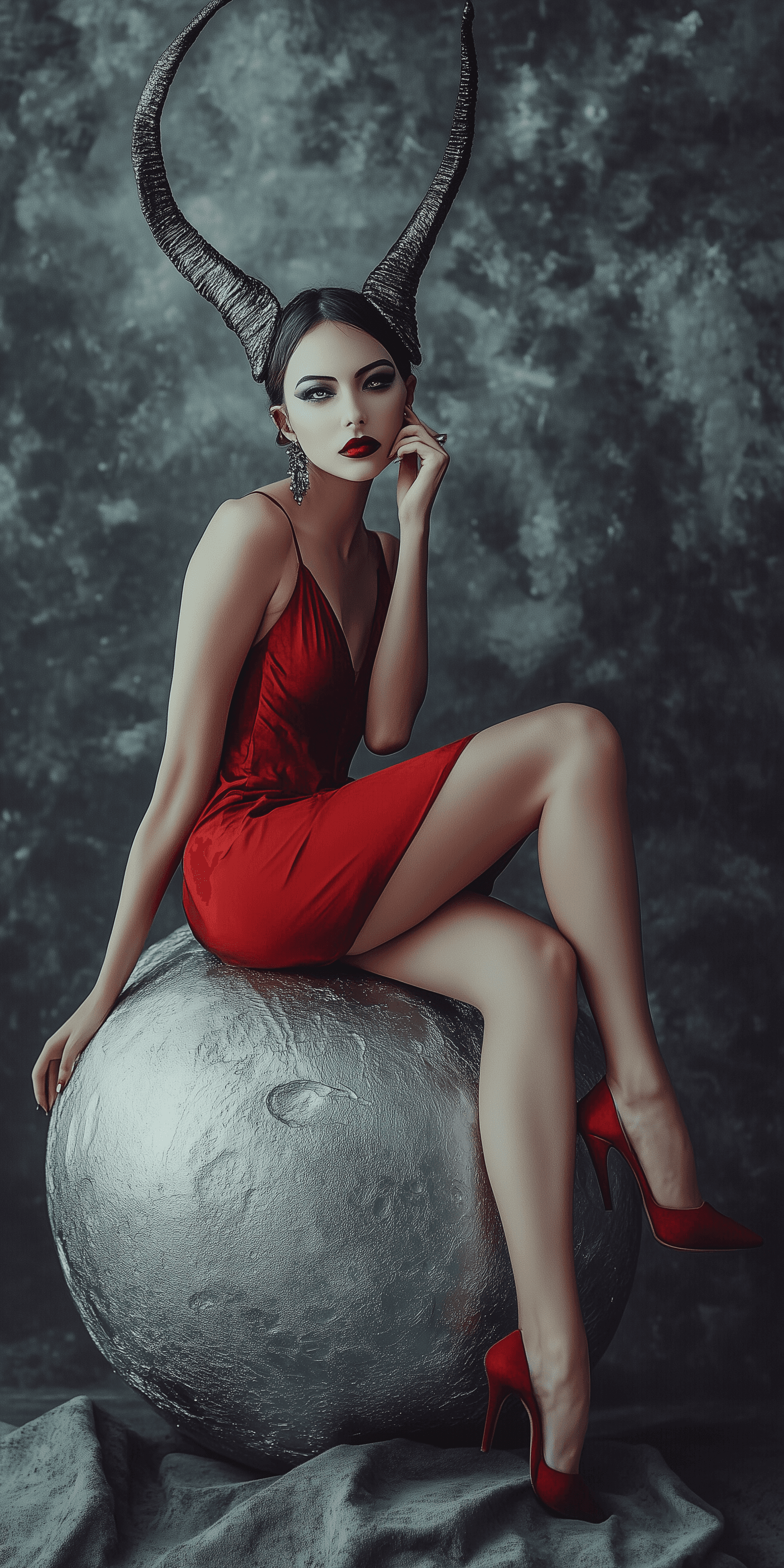 AI generated: A fashion photo of a female alien with horns sitting on the moon, wearing a red dress and high heels...