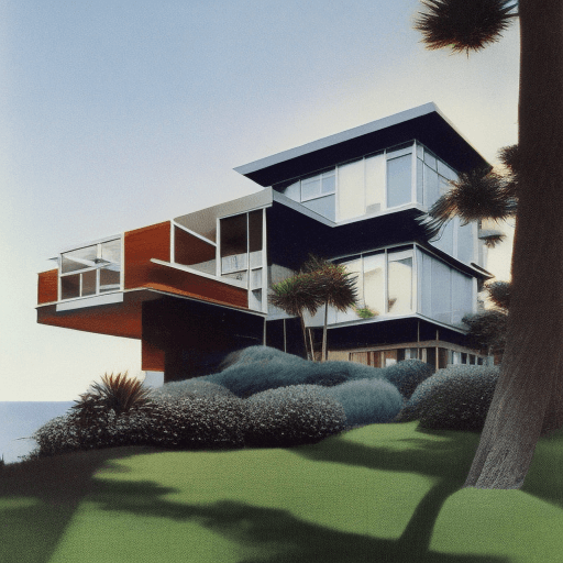 AI generated: Hyper realistic eye level exterior photo of a mid century modern style house overlooking the ocean, ...