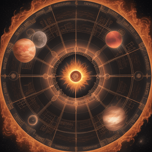 AI generated: Book and internet iconography intertwined with zodiac circle in burning sky in flames with planets a...