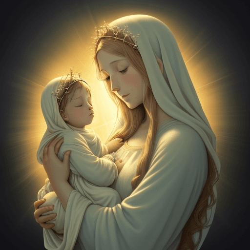 AI generated: A beautifully rendered painting depicting the Virgin Mary, holding the young baby Jesus in her arms....