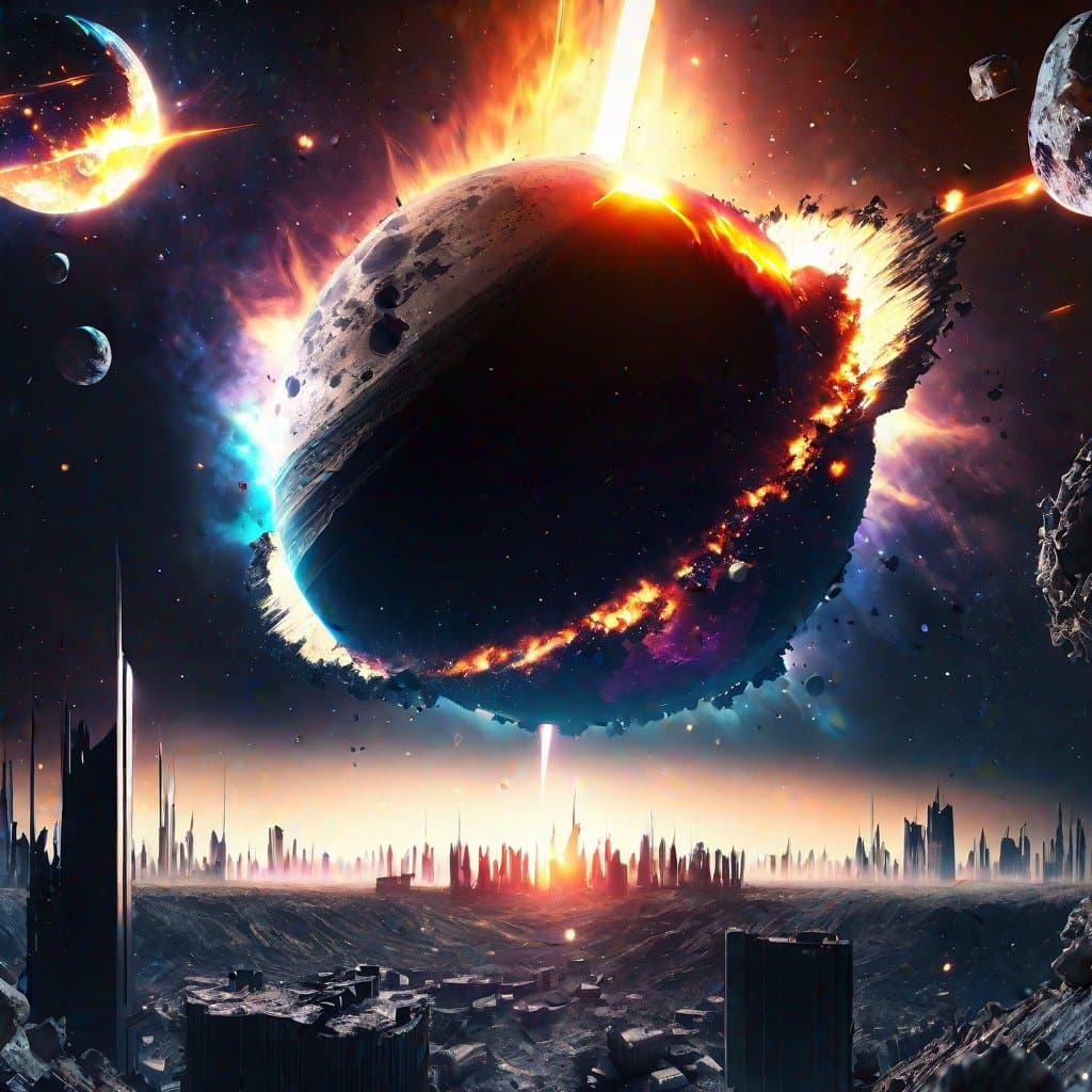 AI generated: a super giant (neutron star:1.5) in the sky approaching the planet, crumbling buildings as they floa...