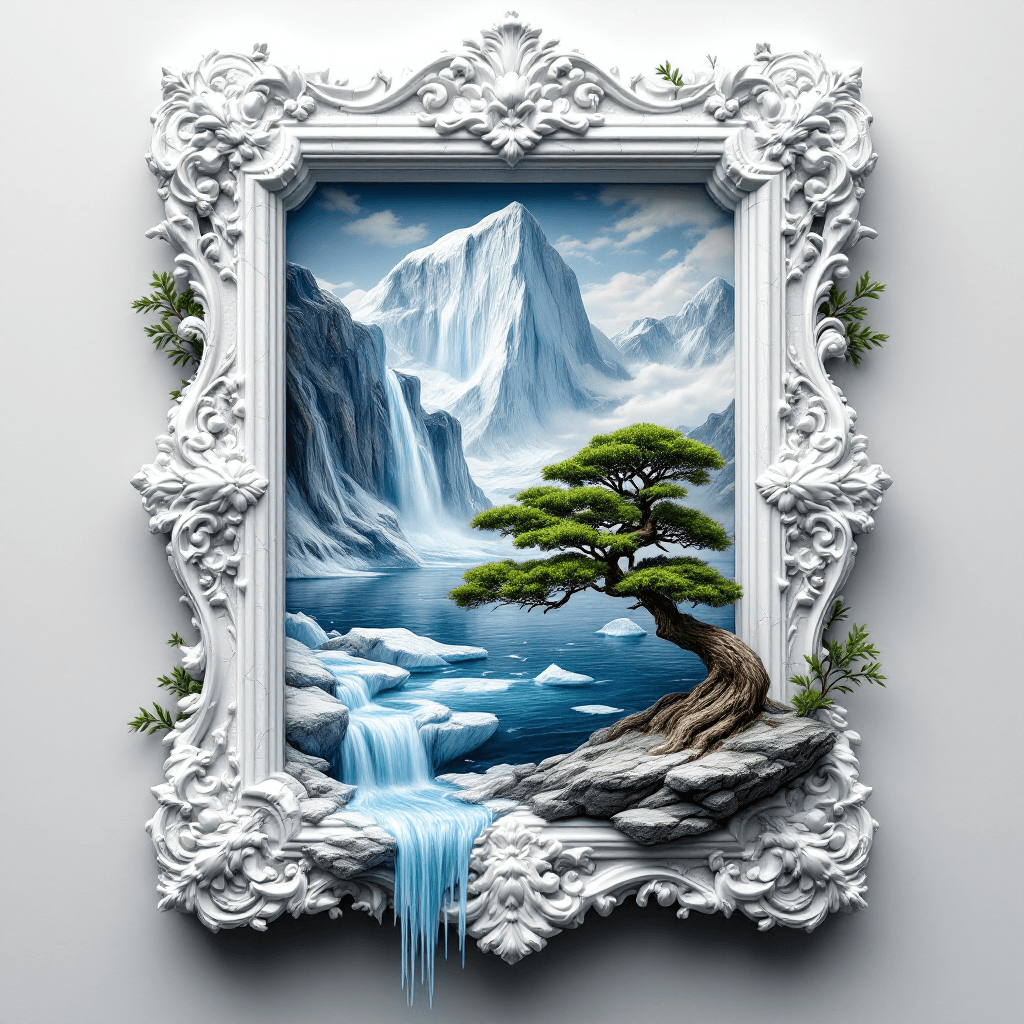 AI generated: An ultra-realistic design featuring an ornate, three-dimensional plaster picture frame with intricat...