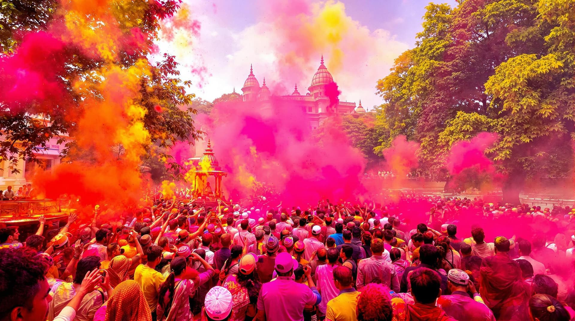 AI generated: "A vibrant Holi celebration scene in Vrindavan, colorful powders like gulal and abeer filling the ai...