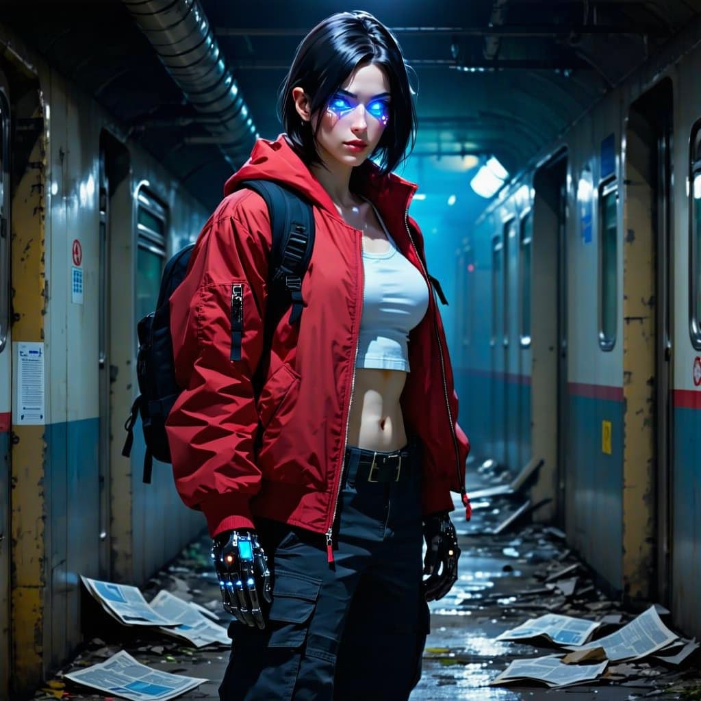 AI generated: a woman, standing in an abandoned subway, shes wearing a red jacket, bomber style, and short in leng...