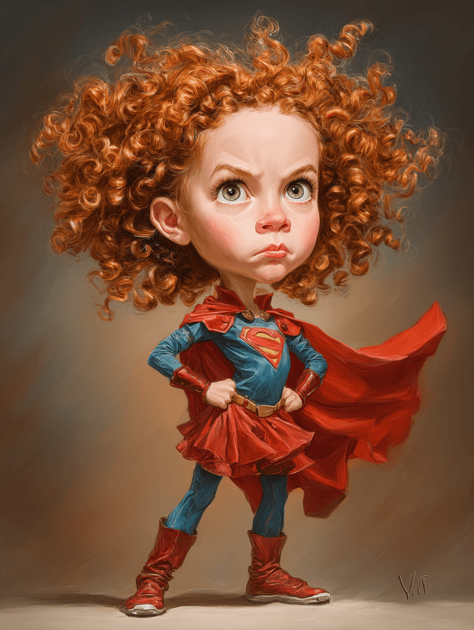 AI generated: funny caricature, tiny superhero girl caricature, young caucasian female, 5 years old, with red curl...