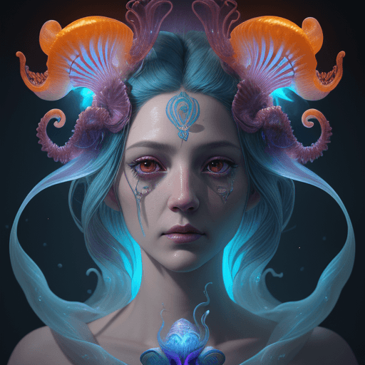 AI generated: Goddess close-up portrait ribcagel. jellyfish phoenix head, nautilus, orchid, skull, betta fish, bio...