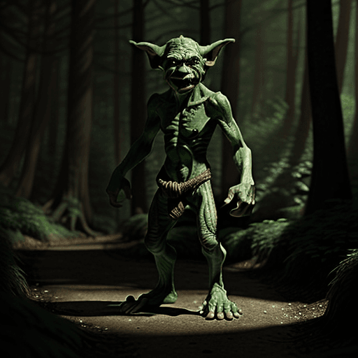 AI generated: good looking, DnD goblin with very big feet in a forest, cinematic light, photorealistic, mystical