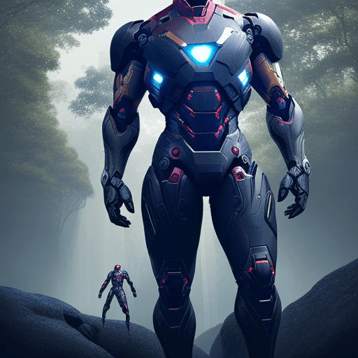 AI generated: Fully Coal-black matte Mechanical suit, slim fit to tall human body. Few individual parts. Helmet sh...