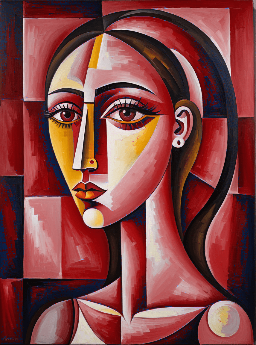 AI generated: woman, oil on canvas, in the style of Guy Billout, cubism, density of forms, dark red color scheme, ...