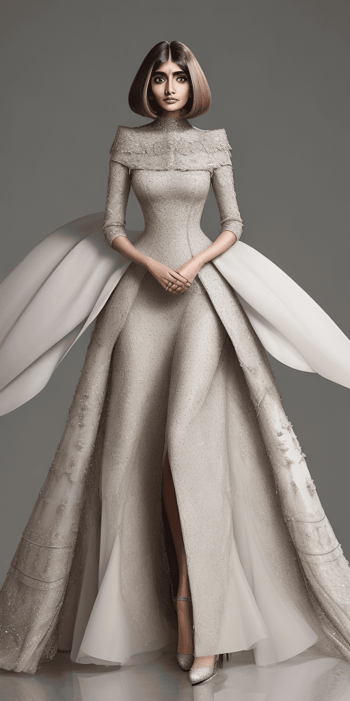 AI generated: technical sheet fashion design of a woman in dress designed by anna wintour, maygel coronel, sonam k...