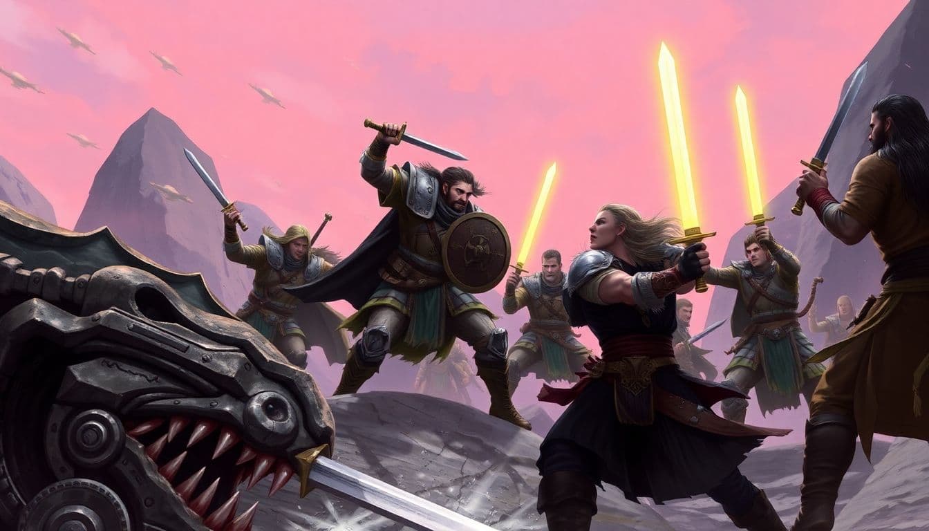 AI generated: a battle scene, showcasing a group of warriors engaged in combat against a formidable foe. The warri...