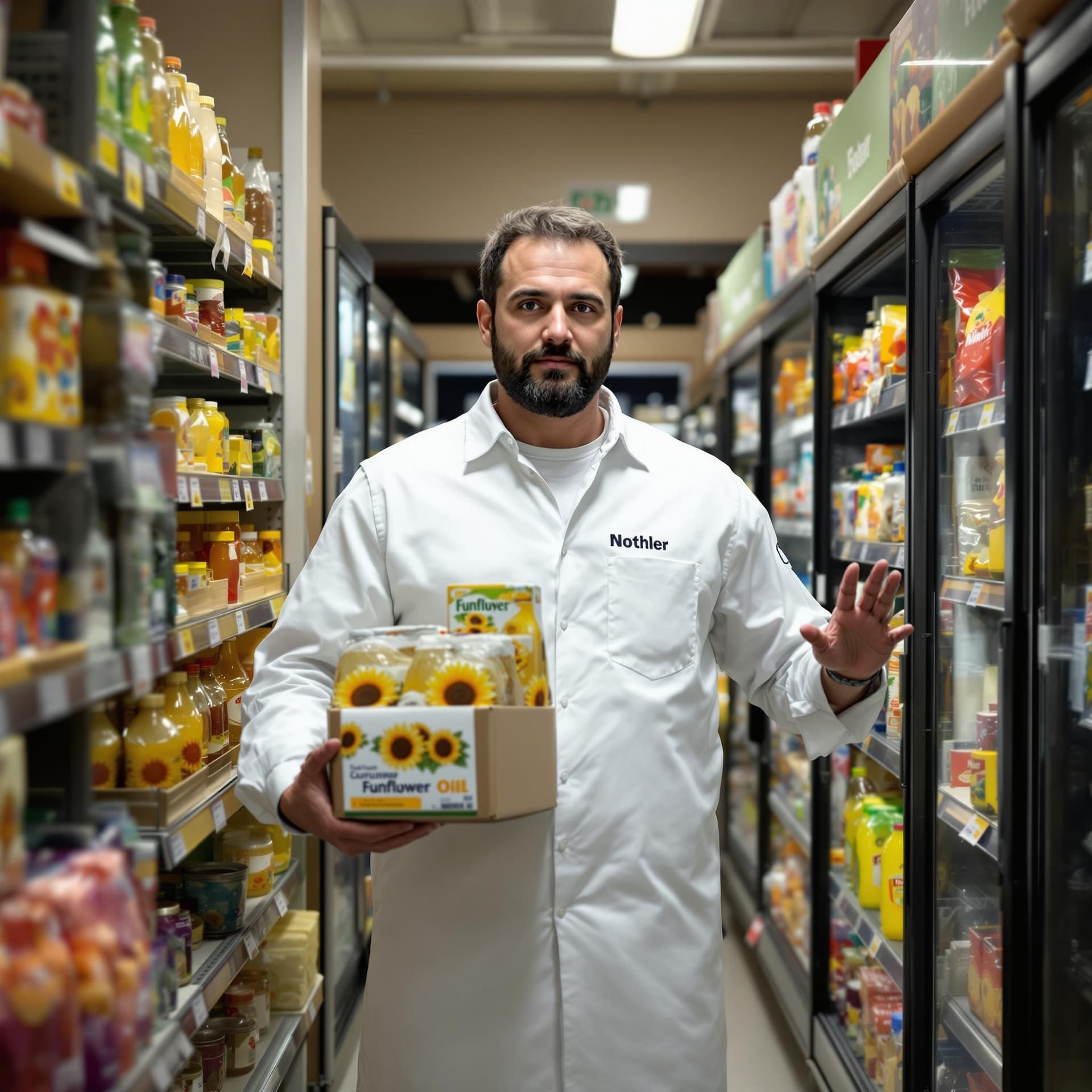 AI generated: in the photo from the far corner of a grocery store, a tall white loader comes out of the back room ...