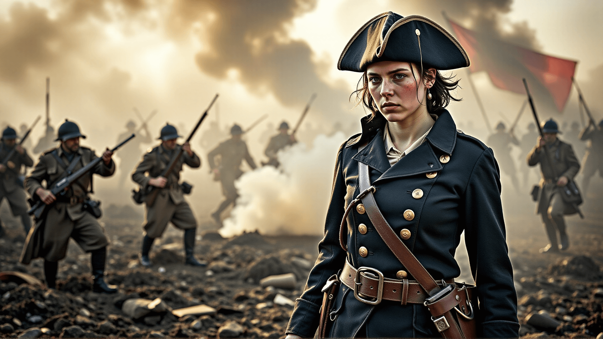 AI generated: A dynamic full-body image of Mary Read, standing in her soldier's uniform in the front line of a bat...