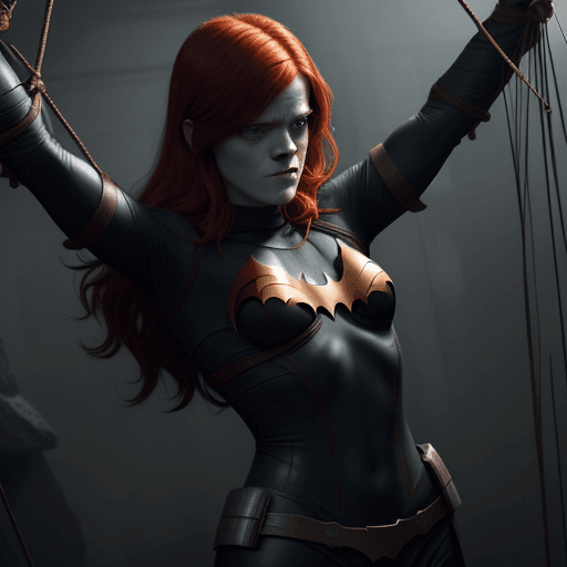 AI generated: Rose Leslie dressed as Batgirl, being held captive by ropes wrapped around her arms and body. 