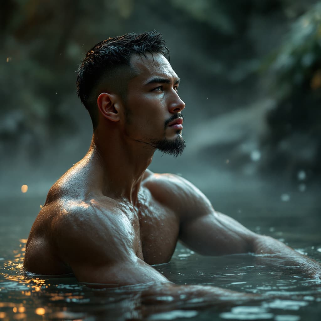 AI generated: fashion editorial, a Asia man, big muscle,high quality, a photograph of a sturdy man with a pronounc...