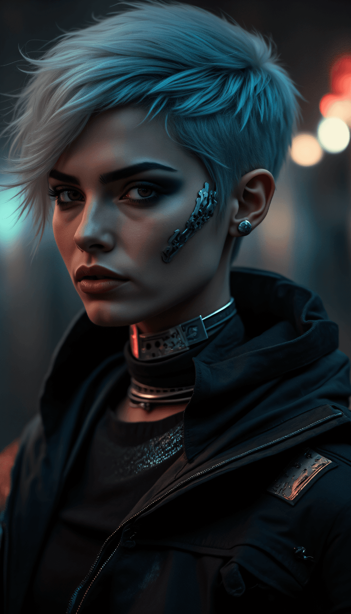 AI generated: Close-up art photograph portrait in cyberpunk style, subject wearing a black leather jacket with met...