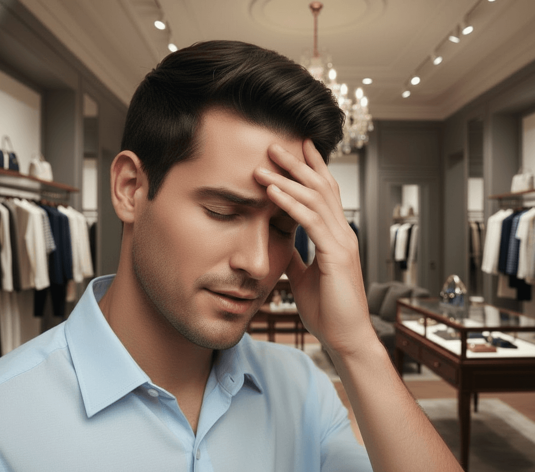 AI generated:  At a very luxurious clothing store. The Hispanic male is slender, he is 5 feet tall, he is wearing ...