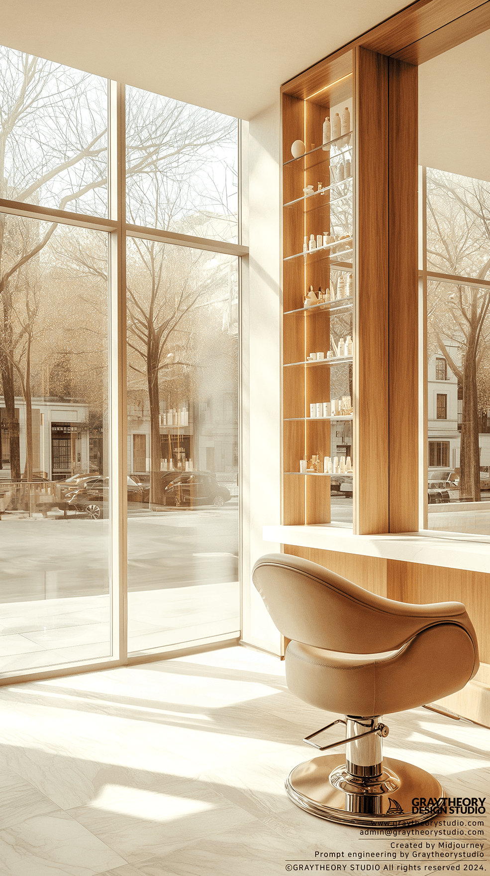 AI generated: minimalist hair salon, filled with natural light on a sunny city morning, white-washed oak floors an...