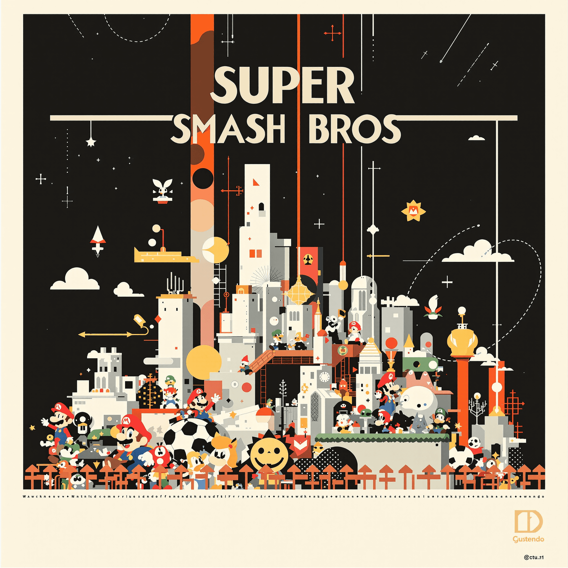 AI generated: bauhaus swiss typography minimaist style poster about the super smash bros video game and nintendo c...