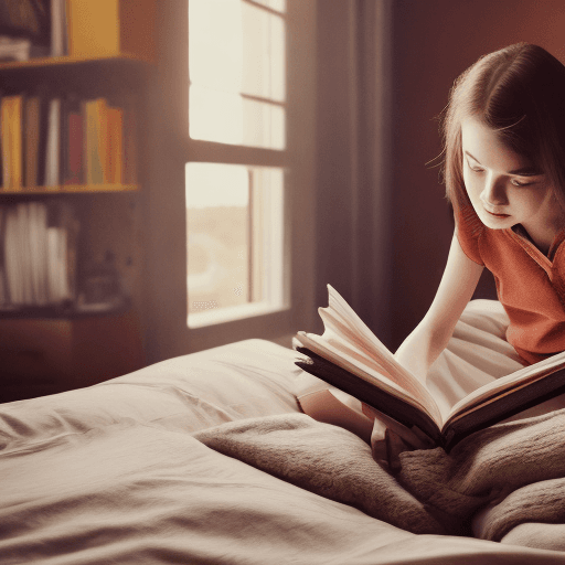 AI generated: A girl is sitting on the bed, reading a book, a stack of books next to the bed, high detail, 8k