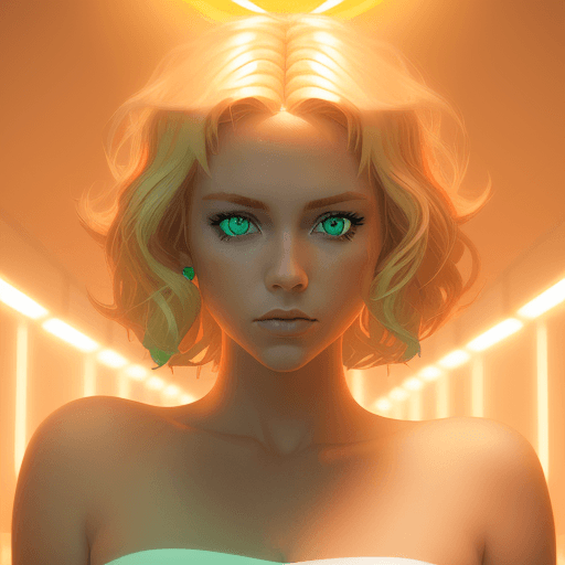 AI generated: a green eyed woman with blonde hair, in the style of cinematic lighting, light orange and white, , r...