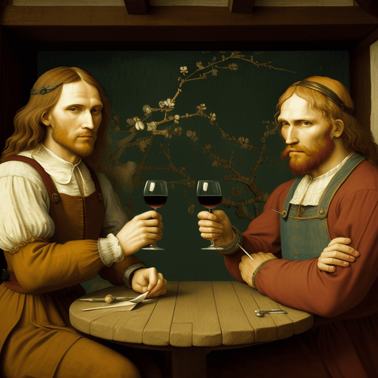 AI generated: Leonardo da Vinci and van Gogh sit at the table in the French tavern, drinking wine, 4K, painted in ...