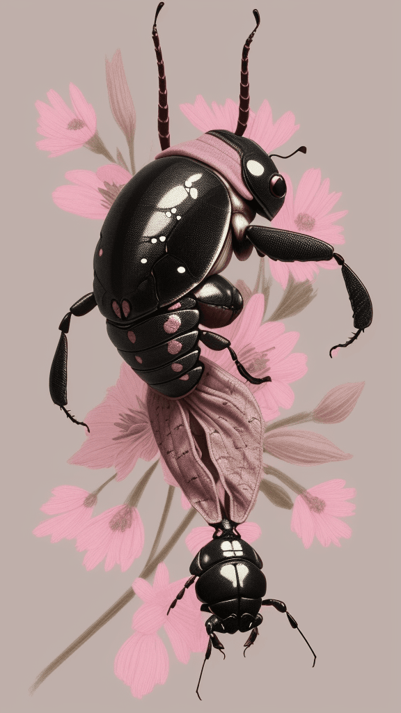 AI generated: floral beetle wearing a (long:1.2) pink (scarf:1.3), a beetle with arms and a head, (dark shot:1.17)...